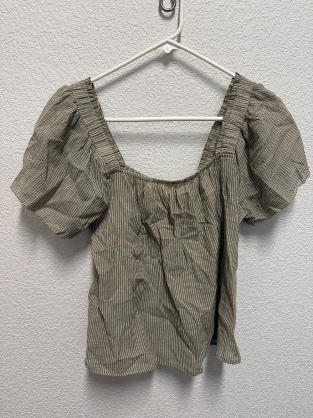 Women's Square Neck Puff Sleeve Top in Olive Stripe 100% cotton